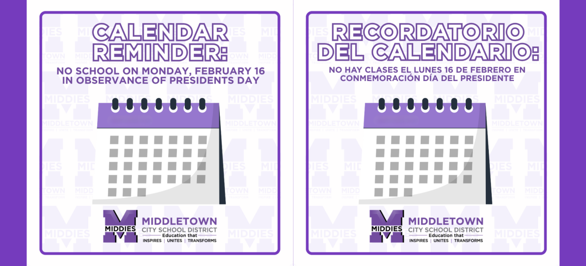 calendar clipart with the message that school is closed on Feb 16th for Presidents Day in English and Spanish